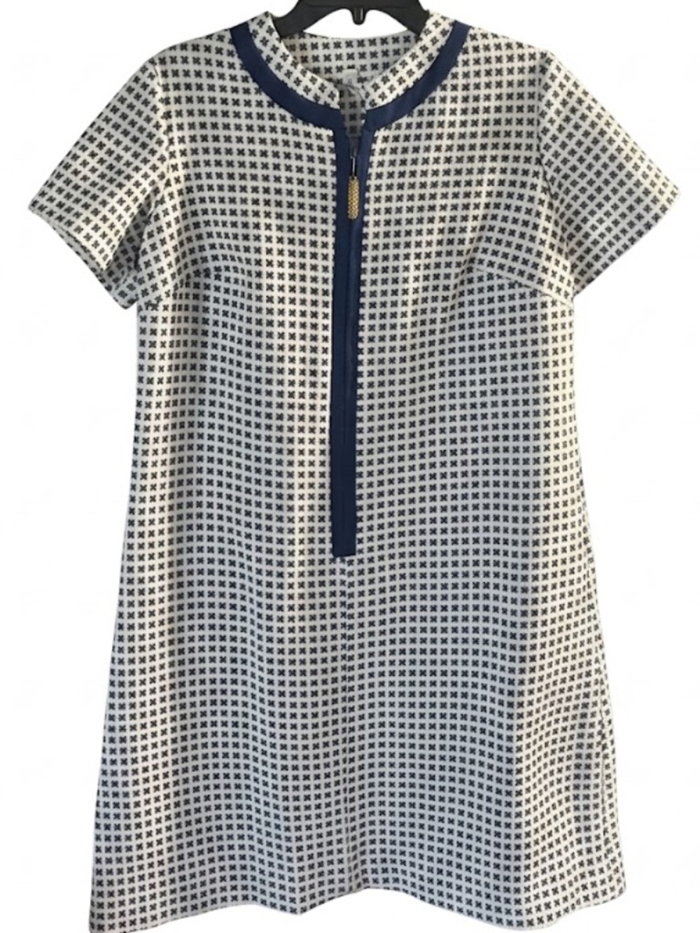 Vintage 60s 70s Mod Shift Dress Navy White Zip Tassel S M